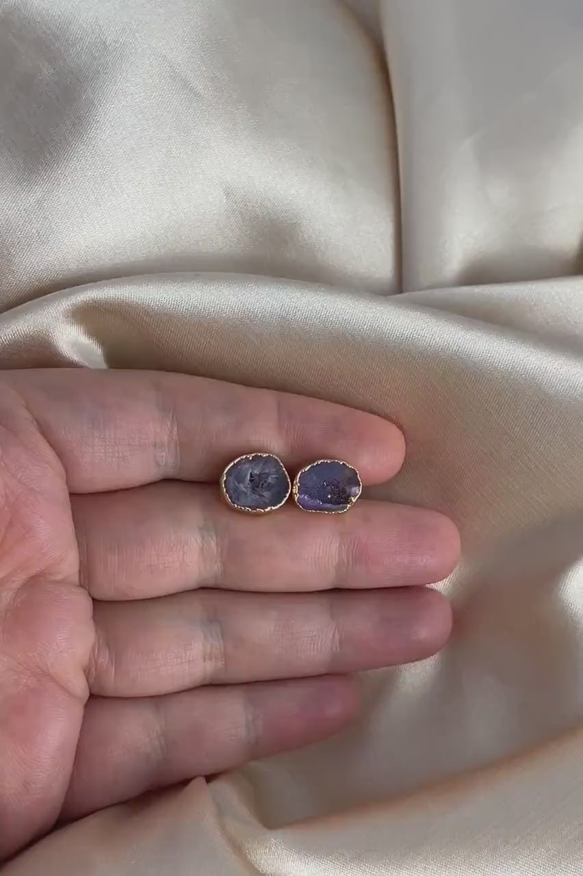 Purple Geode Earrings Studs, Raw Crystal Earrings, Bridesmaid Gifts, Gift For Wife, G15-10