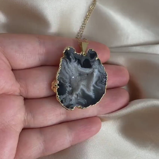 Black Geode Necklace with Druzy, Boho Natural Gemstone Statement Gold Layer, Gift For Her, G14-848