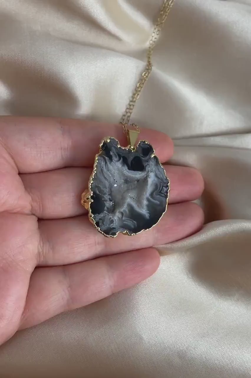 Black Geode Necklace with Druzy, Boho Natural Gemstone Statement Gold Layer, Gift For Her, G14-848