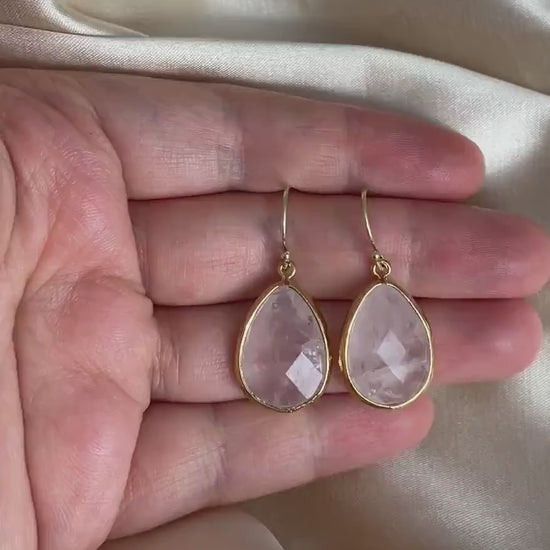 Mothers Day Gift, Rose Quartz Drop Earrings Gold, Large Teardrop Gemstone Earring, Heart Chakra Crystals, M6-789