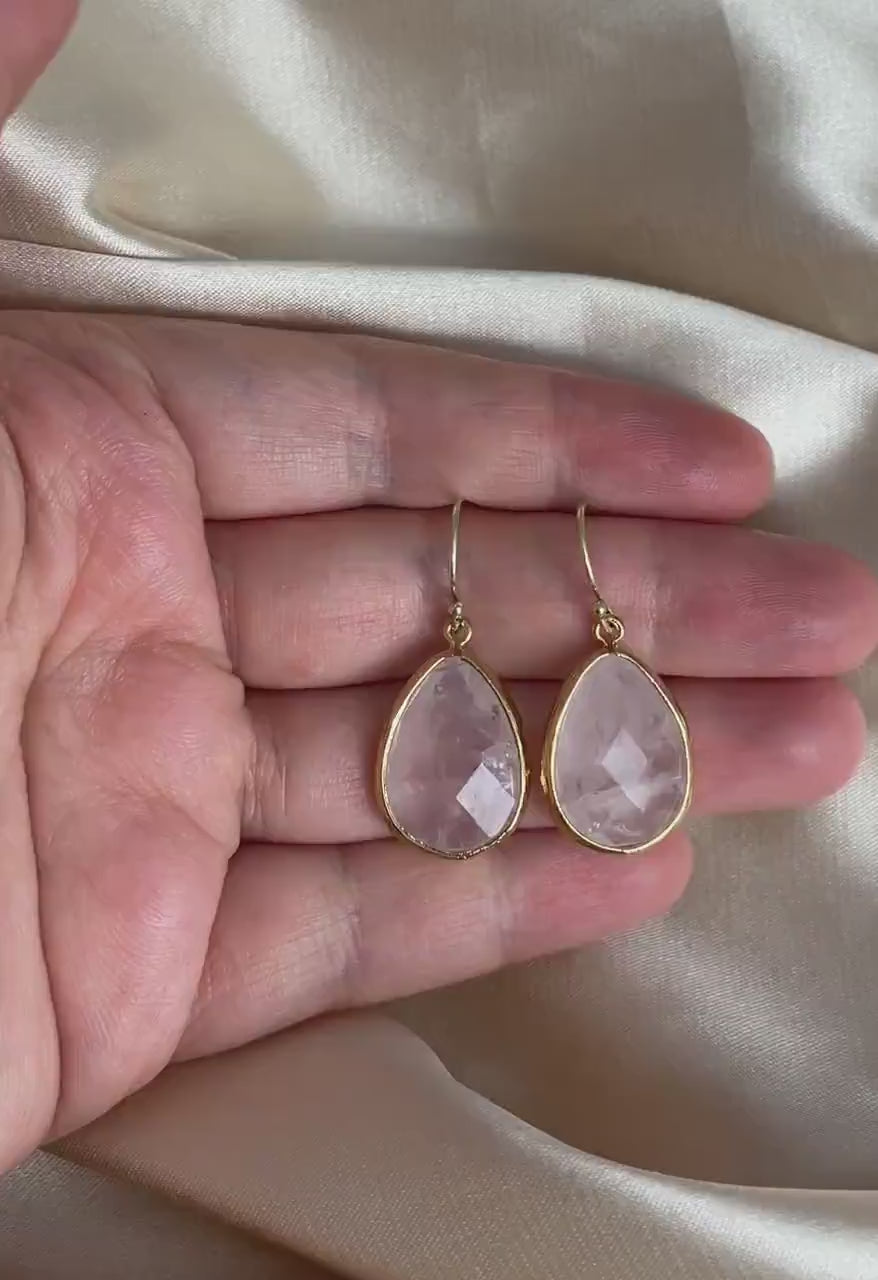 Mothers Day Gift, Rose Quartz Drop Earrings Gold, Large Teardrop Gemstone Earring, Heart Chakra Crystals, M6-789