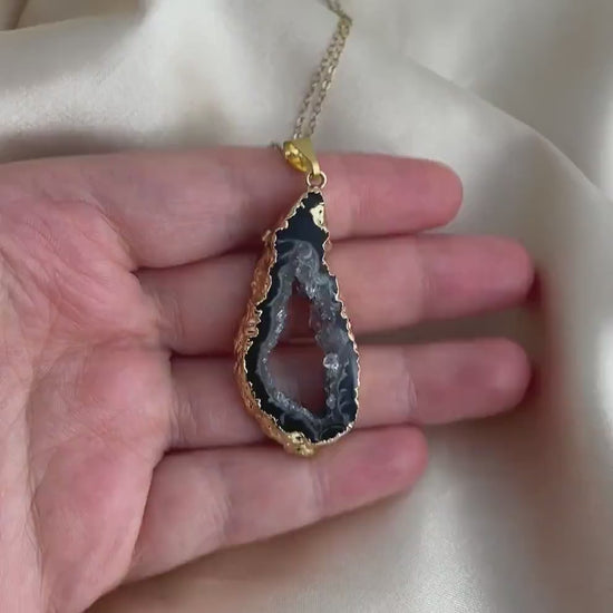 Large Statement Necklace, Gray Geode Necklace, Gold Druzy Pendant Necklace For Women, G14-299