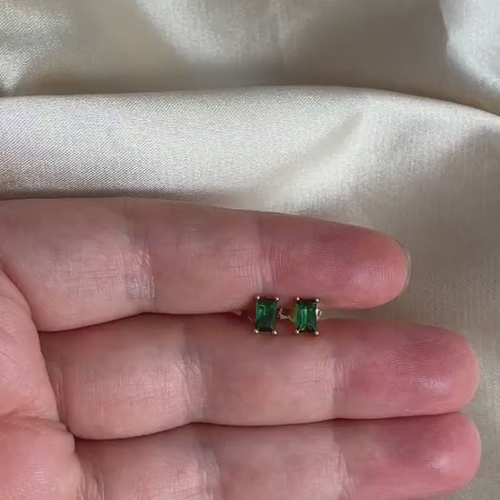 Tiny Green Emerald Stud Earrings Gold Baguette Cut, 5mm x 3mm, May Birthstone Studs, Gift Women, M6-790