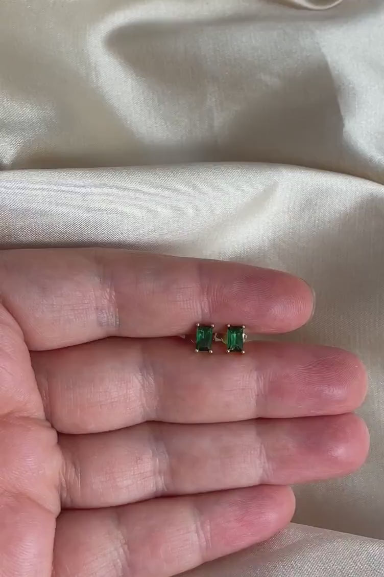 Tiny Green Emerald Stud Earrings Gold Baguette Cut, 5mm x 3mm, May Birthstone Studs, Gift Women, M6-790