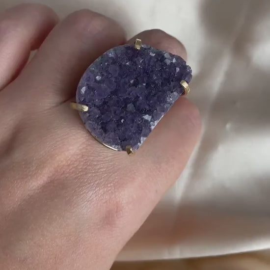 Large Amethyst Ring Gold, Natural Purple Druzy Gemstone, Boho Crystal Cocktail Rings For Women, G15-90