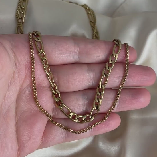 Chunky Chain Necklace Set of Two, Figaro Link Chain, 18K Gold Stainless Steel, Modern Jewelry, M7-85