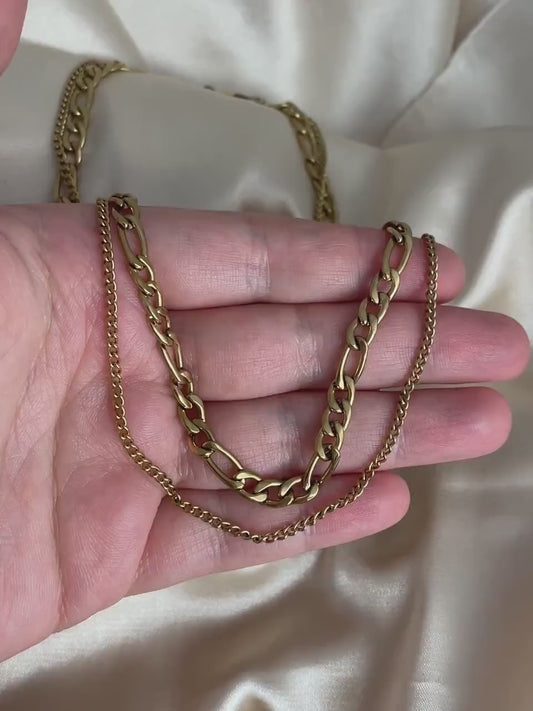 Chunky Chain Necklace Set of Two, Figaro Link Chain, 18K Gold Stainless Steel, Modern Jewelry, M7-85