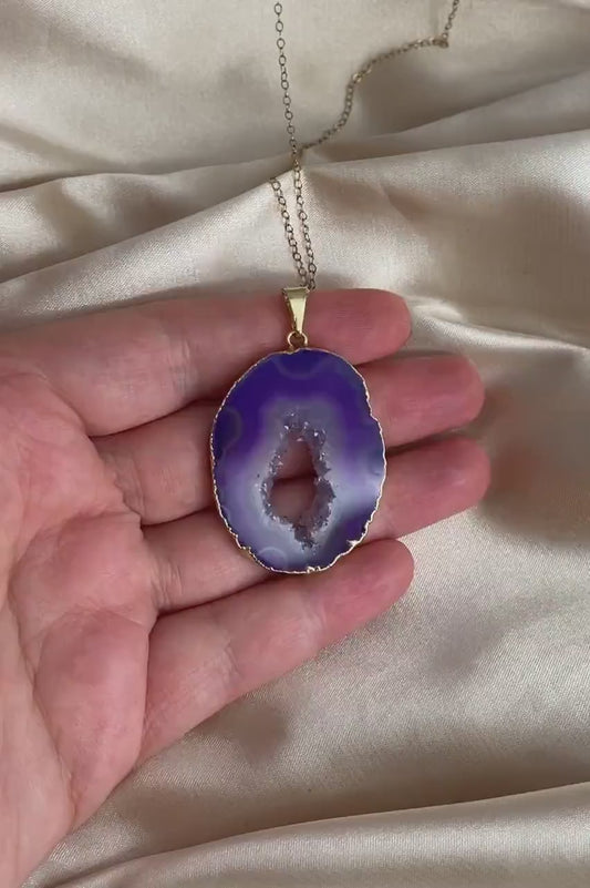 Purple Geode Necklace Gold, Boho Statement Pendant, Large Sparkly Crystal, Druzy Gemstone, Christmas Gift Women, G14-851