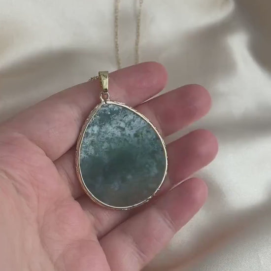 Green Moss Agate Necklace Gold, Large Green Crystal Pendant, Unique Gifts For Women, M6-761