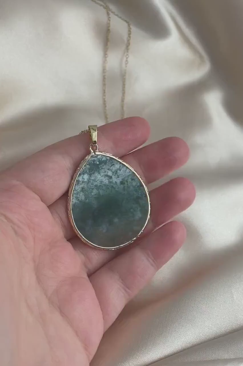 Green Moss Agate Necklace Gold, Large Green Crystal Pendant, Unique Gifts For Women, M6-761