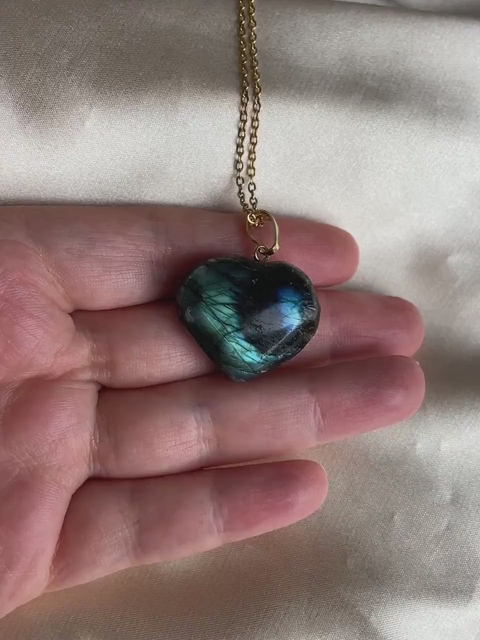 Crystal Heart Pendant Necklace Gold, Labradorite Gemstone, Blue Flash Gray Crystal Pendant, Gift Women, M7-29