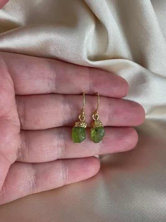 Small Raw Peridot Gemstone Earrings Gold, Rough Green Stone Drop Dangle, August Birthday Gift, M7-41
