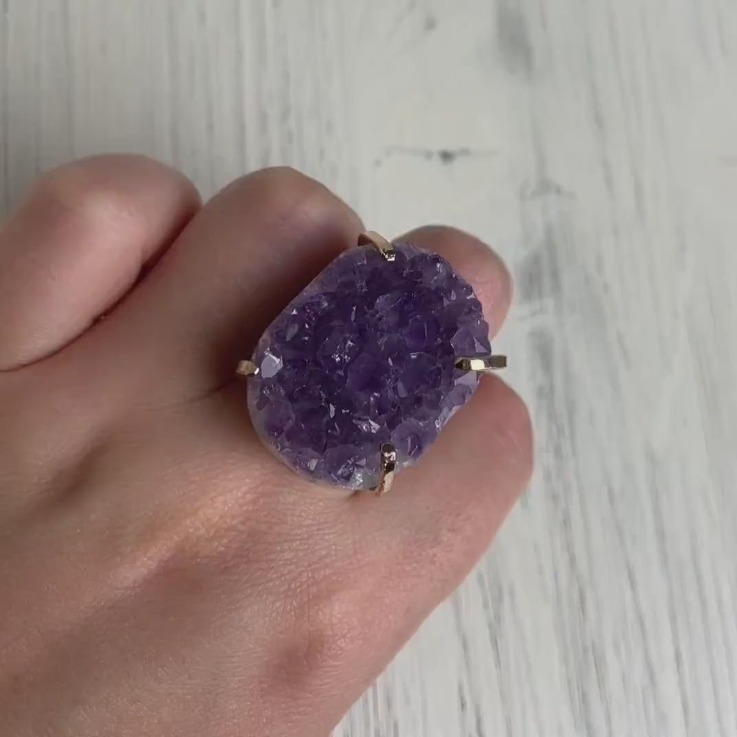 Amethyst Ring Gold, Purple Druzy Ring, Raw Amethyst Ring, Large Crystal Gemstone Ring, Statement Jewelry, Gift For Her, G14-48