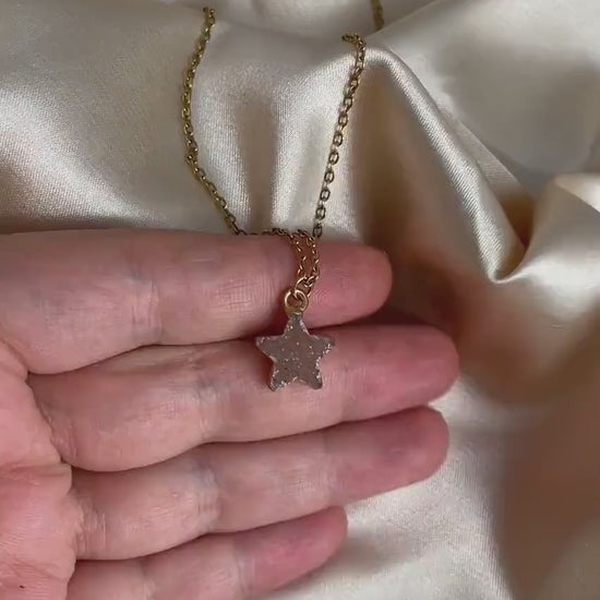 Tiny Star Natural Druzy Crystal Necklace on 18K Gold Stainless Steel Chain, G15-25