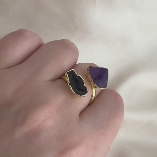 Amethyst and Geode Crystal Ring Gold Plated, Boho Gemstone Ring For Women, Gifts For Her, M7-327