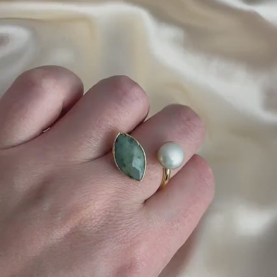 Green Jasper Ring Adjustable, Freshwater Pearl Ring Gold Plated, Raw Crystals Dual Gemstone Gold, Unique Gifts For Her, M6-754