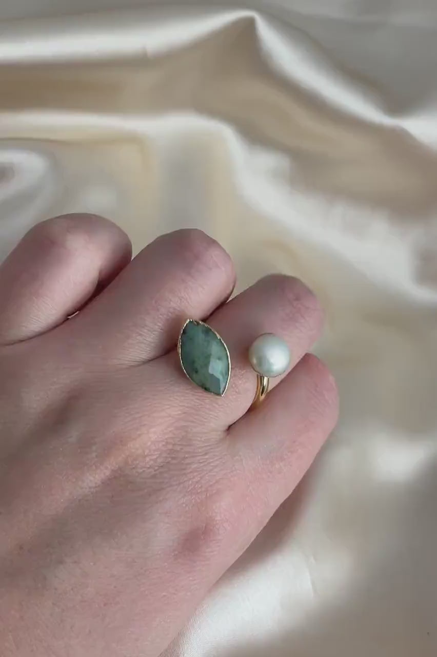 Green Jasper Ring Adjustable, Freshwater Pearl Ring Gold Plated, Raw Crystals Dual Gemstone Gold, Unique Gifts For Her, M6-754