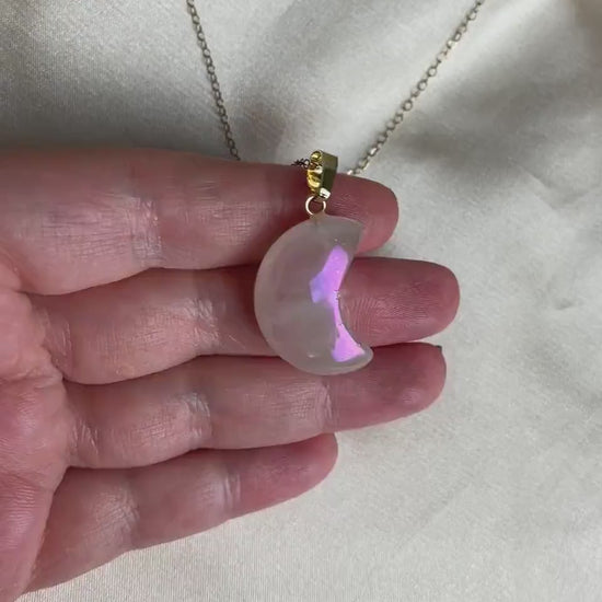 Aura Quartz Necklace - Rose Quartz Moon Pendant, Christmas Gift Women, M7