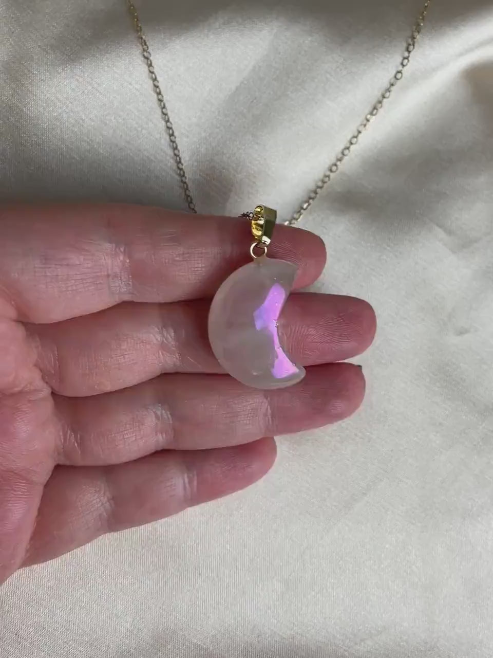 Aura Quartz Necklace - Rose Quartz Moon Pendant, Christmas Gift Women, M7