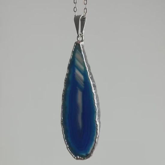 Small Blue Agate Necklace Silver - Boho Statement Jewelry