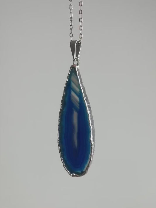Small Blue Agate Necklace Silver - Boho Statement Jewelry