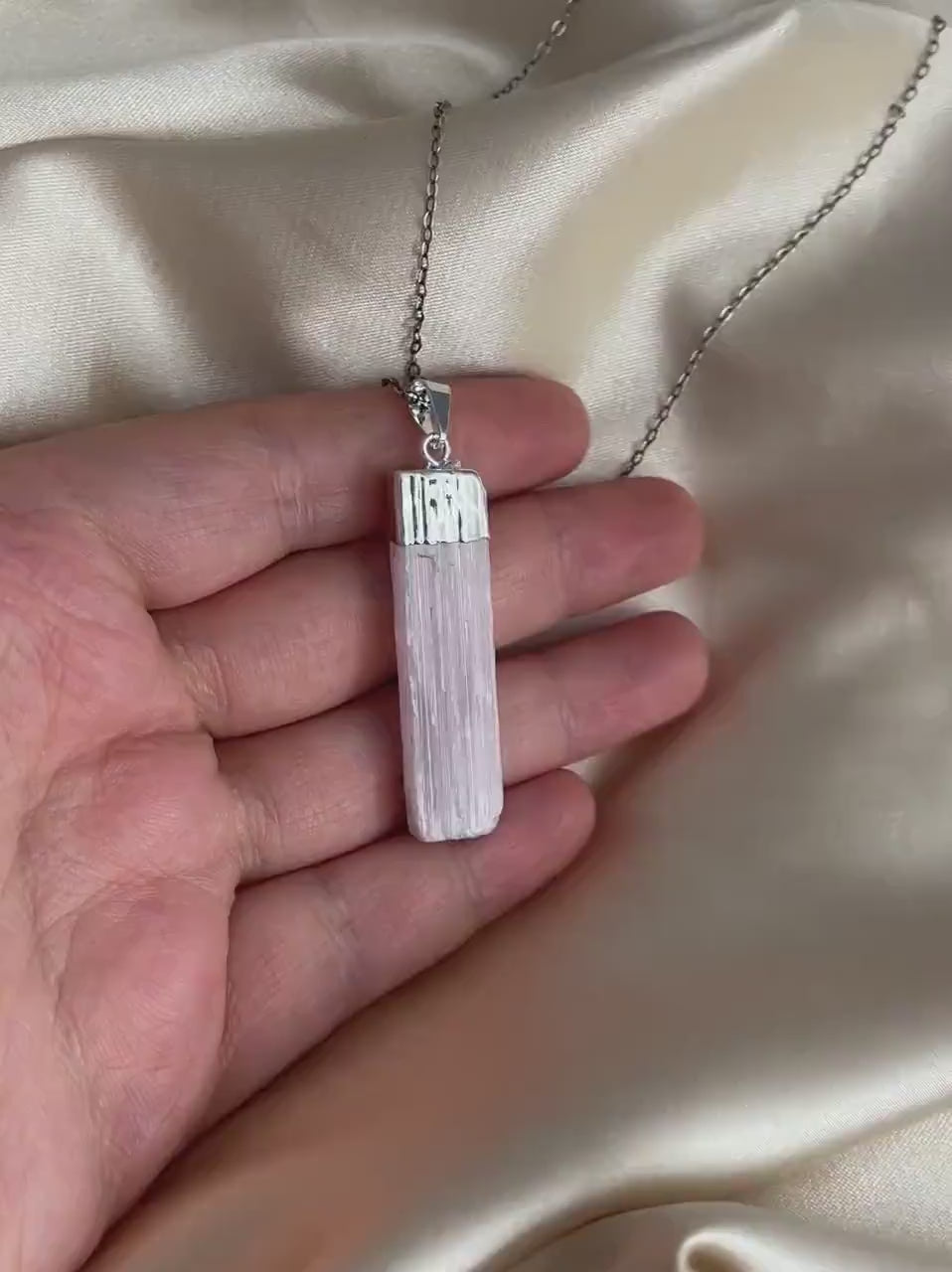 Pink Selenite Necklace Silver, Raw Selenite Natural Gemstone Pendant, Boho Cleansing Crystal Jewelry, G15-141