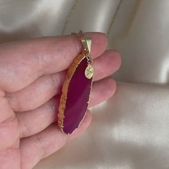 Custom Pink Agate Slice Necklace Gold, Statement Jewelry For Women, Gifts For Mom, G15-59