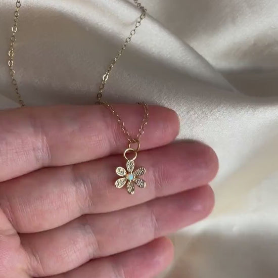 Opal Flower Charm Necklace Gold, Minimalist Cubic Zirconia Pendant For Women, M7-31
