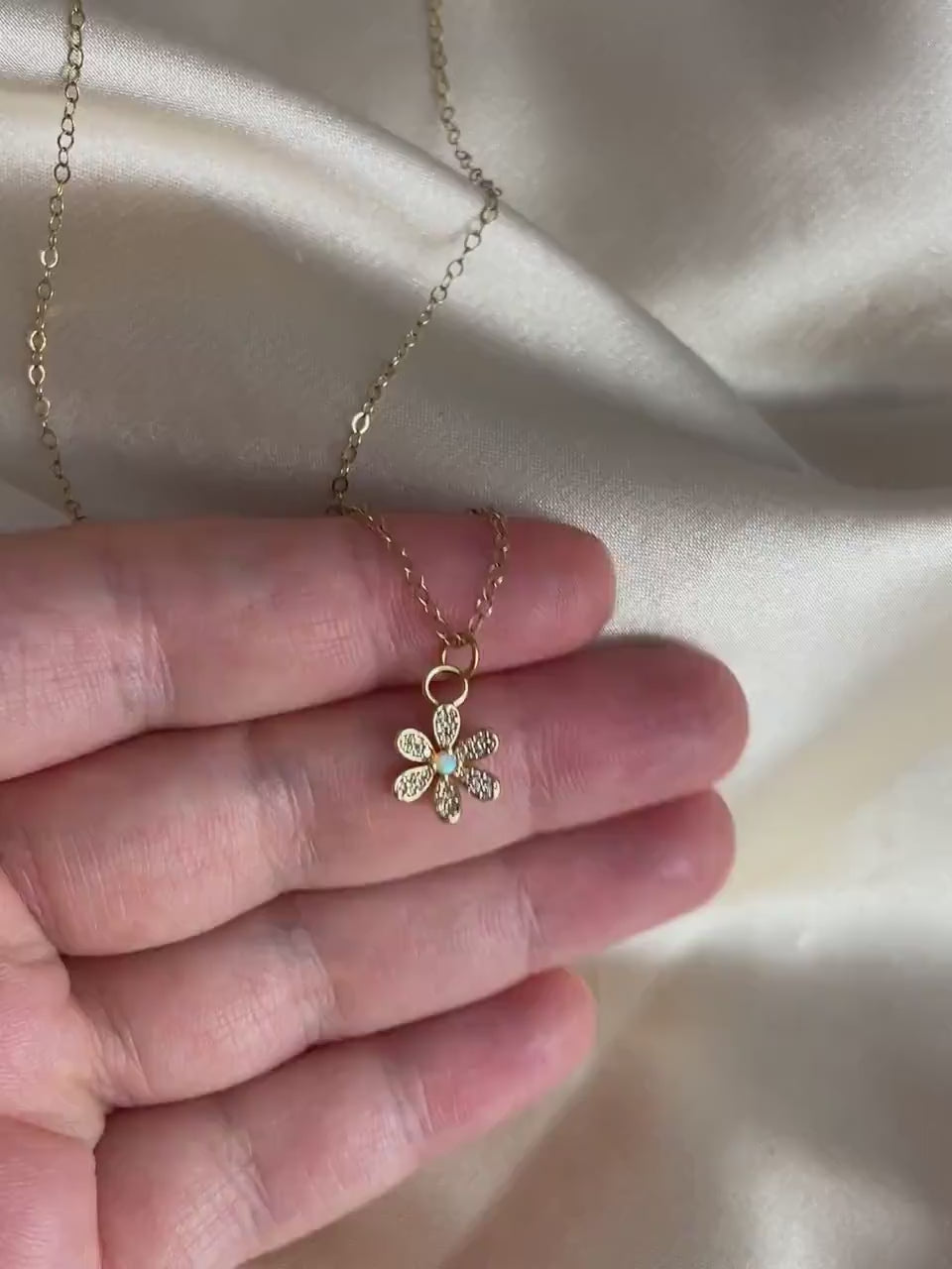 Opal Flower Charm Necklace Gold, Minimalist Cubic Zirconia Pendant For Women, M7-31