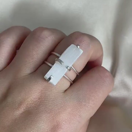 White Selenite Ring Silver Adjustable, Cleansing Healing Crystal Rings for Women, Christmas Gifts For Her, G15-158