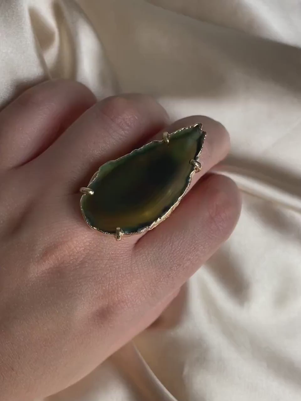 Boho Large Crystal Ring For Women, Green Agate Statement Ring Gold Plated Adjustable, G15-143