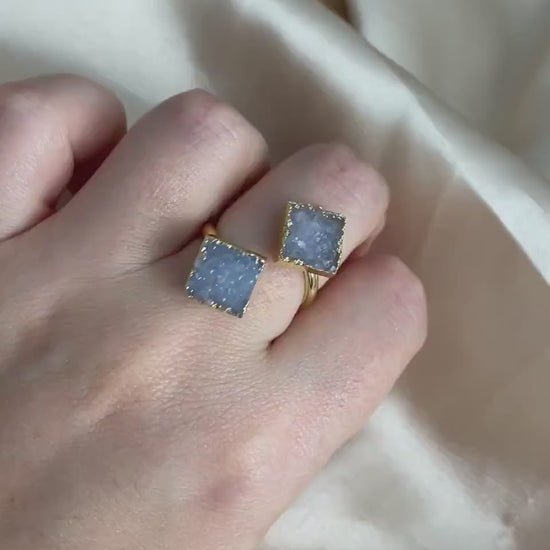 Gray Druzy Ring Gold Plated Adjustable, Minimalist Crystal Rings For Women, M7-22