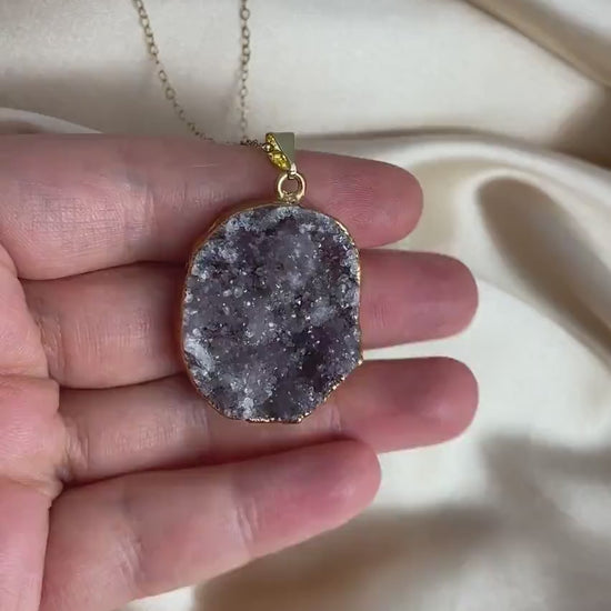Natural Drusy Gemstone Necklace Gold Dipped Sparkly Druzy Crystal, Gifts For Mom, G14-832
