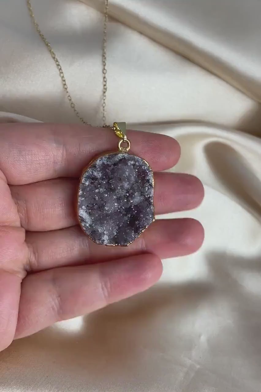 Natural Drusy Gemstone Necklace Gold Dipped Sparkly Druzy Crystal, Gifts For Mom, G14-832
