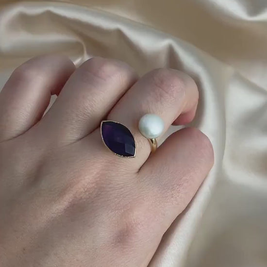 Amethyst Ring, Freshwater Pearl Ring, Dual Crystal Rings Gemstone, Purple Stone, Minimalist Statement, M6-576