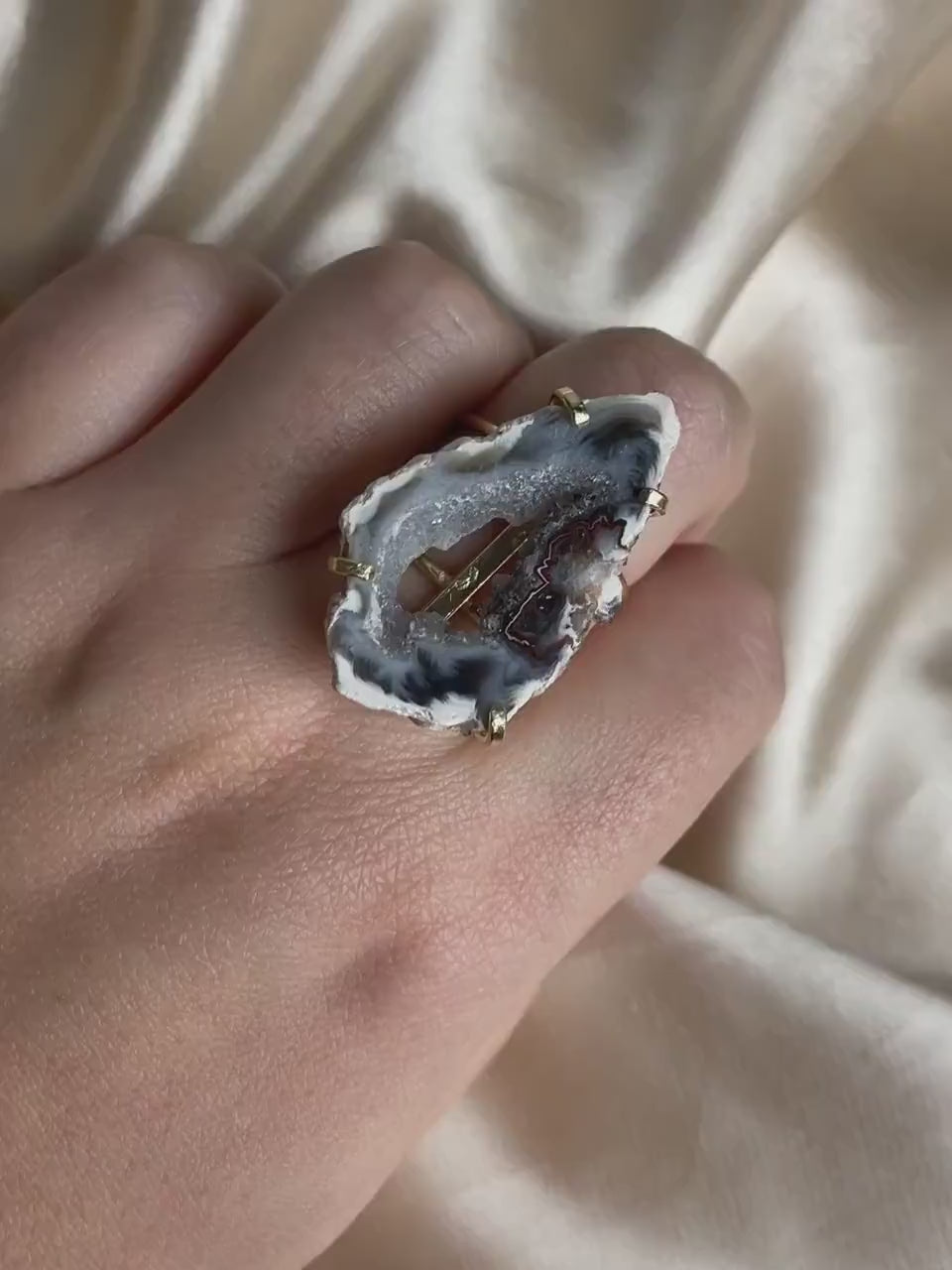 Adjustable Gray Geode Agate Slice Ring For Women, G15-123