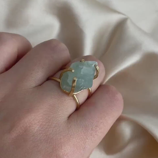 Raw Aquamarine Gemstone Ring Gold Plated Adjustable Band - Light Blue Crystal Jewelry Boho