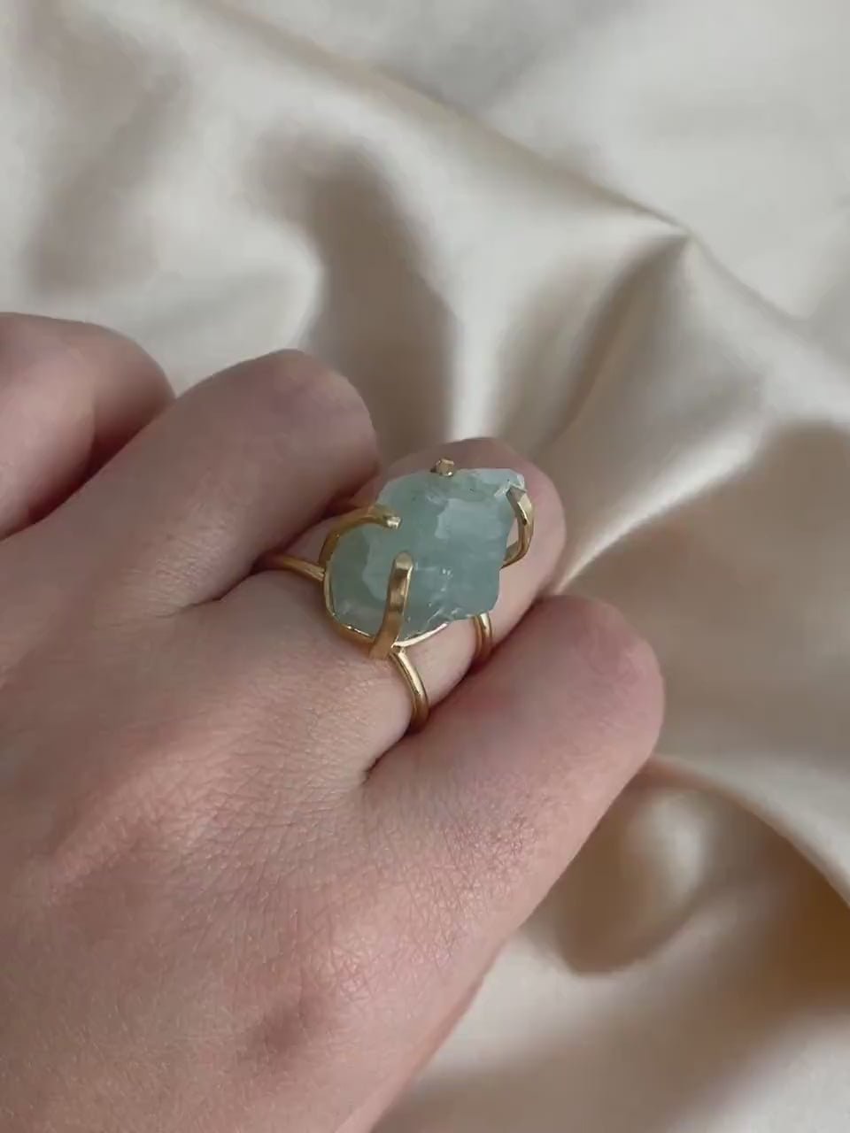 Raw Aquamarine Gemstone Ring Gold Plated Adjustable Band - Light Blue Crystal Jewelry Boho