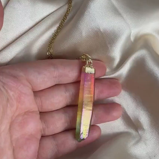 Rainbow Aura Quartz Necklace Gold, Unique Iridescent Crystal Jewelry Boho, Gift For Her, M7-05