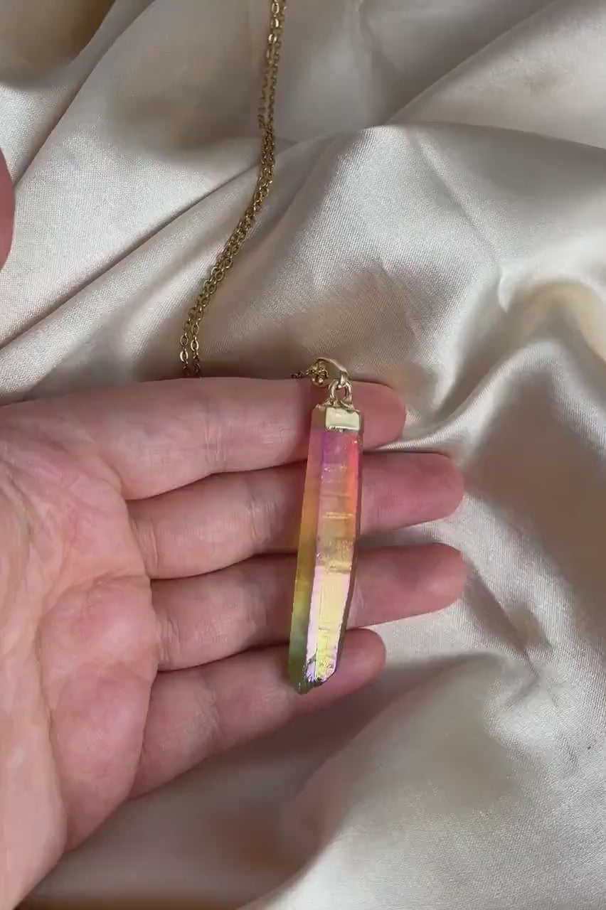 Rainbow Aura Quartz Necklace Gold, Unique Iridescent Crystal Jewelry Boho, Gift For Her, M7-05