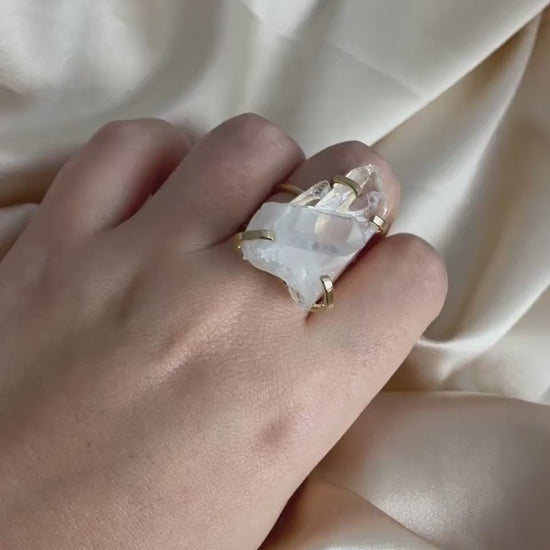 Unique Raw Crystal Quartz Ring - Gold Adjust Raw Stone Ring