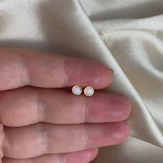 Tiny Opal Stud Earrings Gold, 4mm, October Birthstone Studs, Gift Women, M6-786