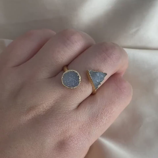 Natural Druzy Ring, Minimalist Gemstone Ring Adjustable Band Gold Plated, M7-58