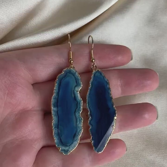 Gifts For Her, Unique Agate Earrings Gold, Blue Statement Earring, Bridesmaid Gift, G15-160