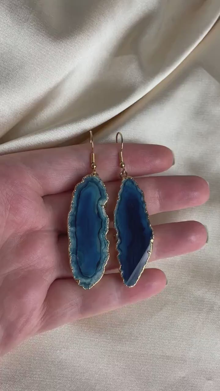 Gifts For Her, Unique Agate Earrings Gold, Blue Statement Earring, Bridesmaid Gift, G15-160