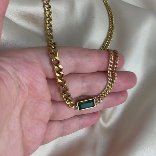 Unique Choker Necklace 18K Gold Stainless Steel - Emerald Green Rectangle Crystal