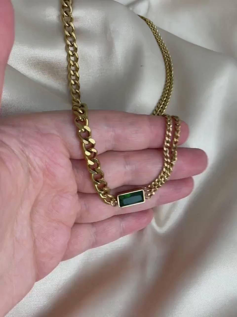 Unique Choker Necklace 18K Gold Stainless Steel - Emerald Green Rectangle Crystal