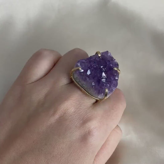 Large Amethyst Statement Ring - Raw Amethyst Druzy Ring Adjustable