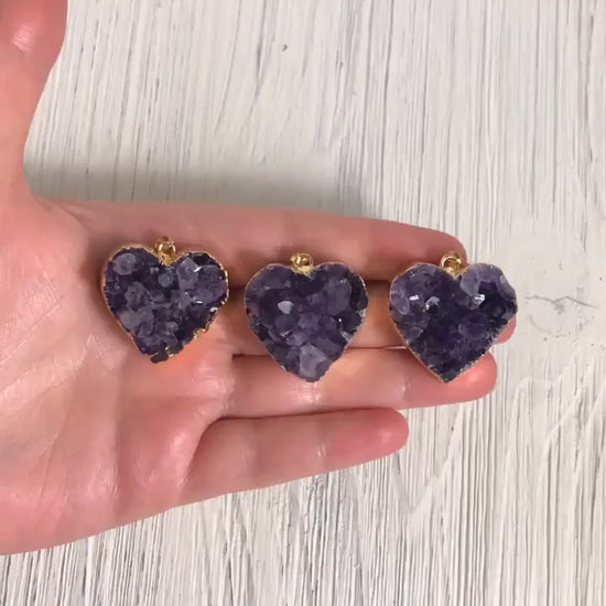 Heart Necklace, Amethyst Gemstone Necklace, Druzy Pendant, Gift Women, R11-06