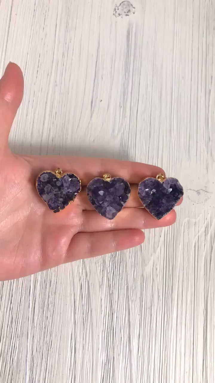 Heart Necklace, Amethyst Gemstone Necklace, Druzy Pendant, Gift Women, R11-06